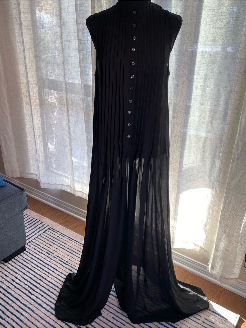 ABS Allen Schwartz Black Pleated Sheer Maxi Jumpsuit boho festival